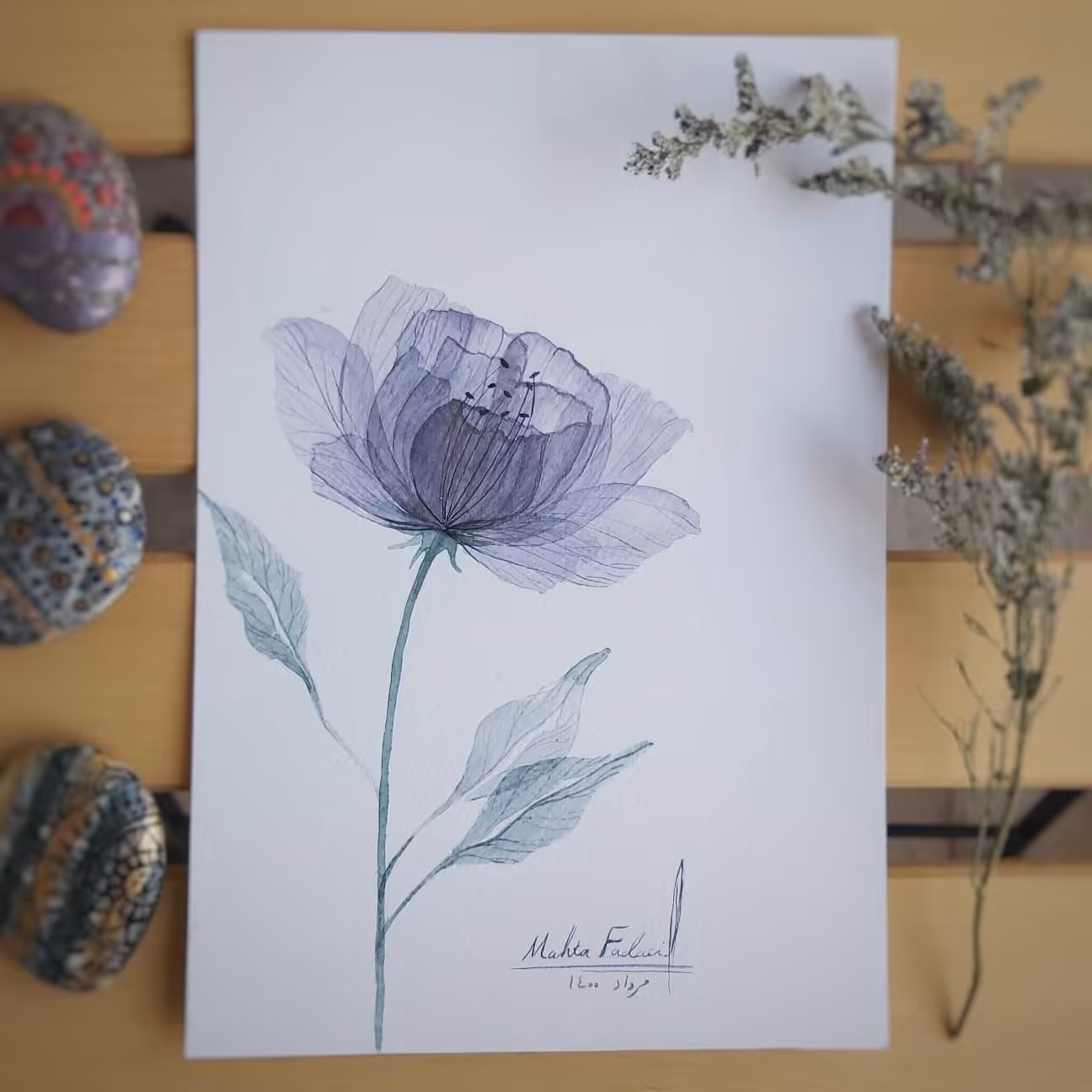 نقاشی آبرنگ از مجموعه گل های شفاف کد 4 (همراه با قاب)