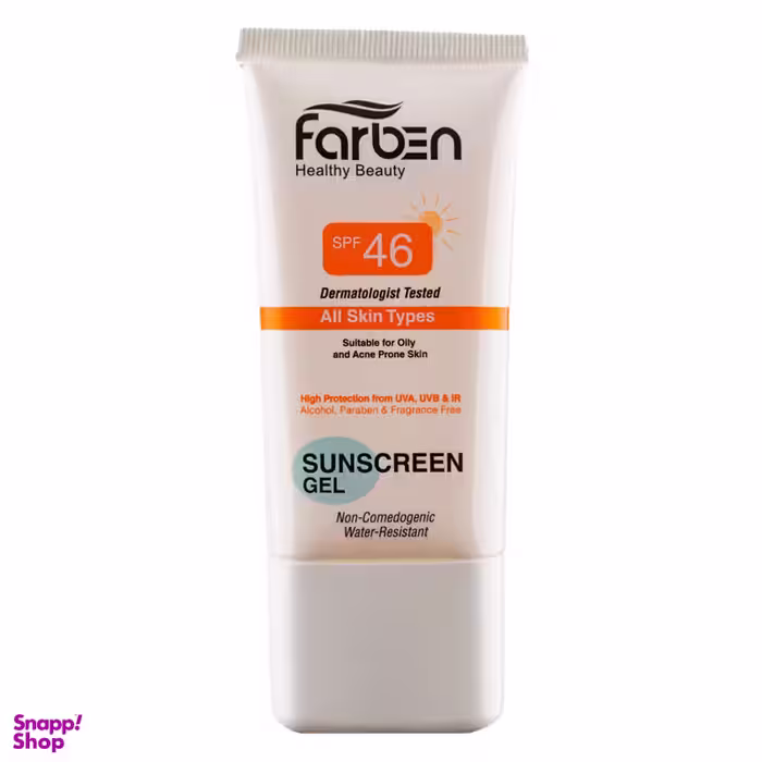 ژل ضد آفتاب فاربن (Farben) مدل Water Resistant با SPF46 مناسب انواع پوست بی رنگ حجم 50 میلی‌لیتر