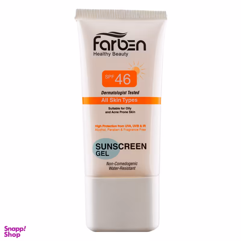 ژل ضد آفتاب فاربن (Farben) مدل Water Resistant با SPF46 مناسب انواع پوست بی رنگ حجم 50 میلی‌لیتر