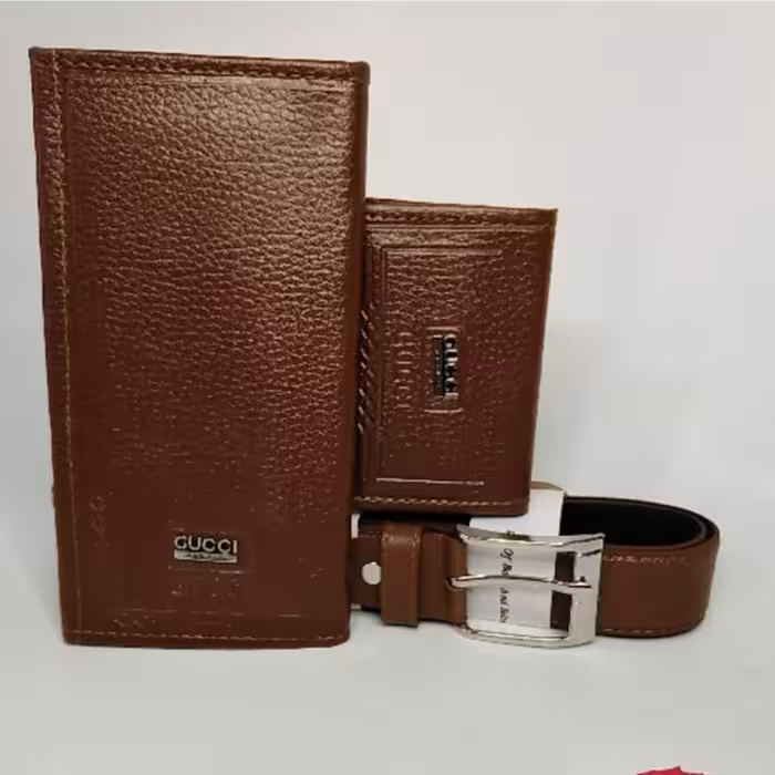 ست کیف پول وکمر بندوجاکارتی عسلی برند Gocci جعبه پاپیونی