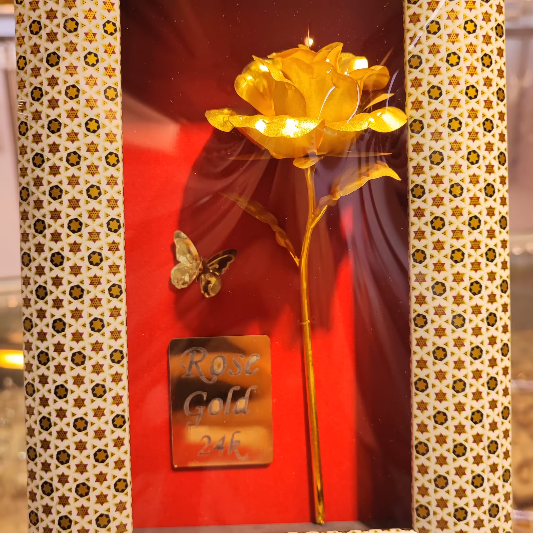 گل رز ابکاری طلا با شناسنامه و تندیس خاتم یا ساده متبرک امام رضا (ع)