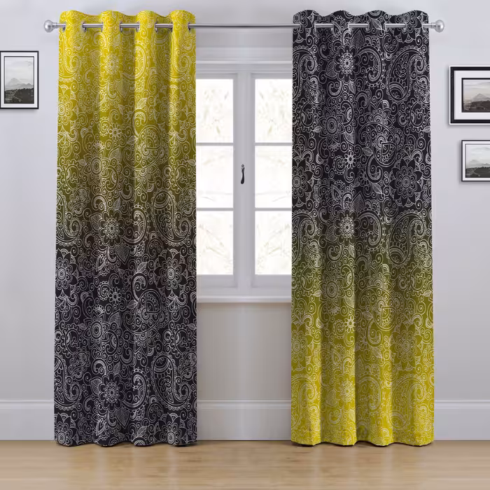 پرده پانچی مدل  داماسک زرد ابعاد ارتفاع280درعرض145