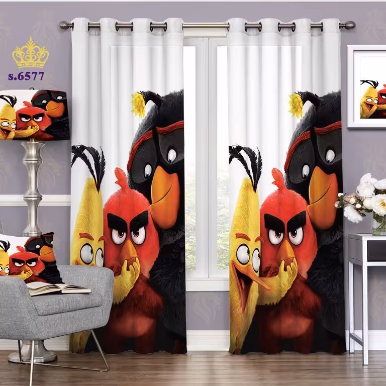 پرده اتاق خواب دو قواره پانچ کودکانه طرح بازی انگری بِرد کد S6577