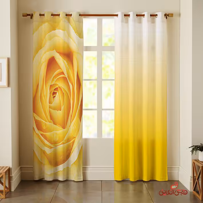 پرده 2عددی طرح گل زرد و آمبره سفید زرد کد 2504