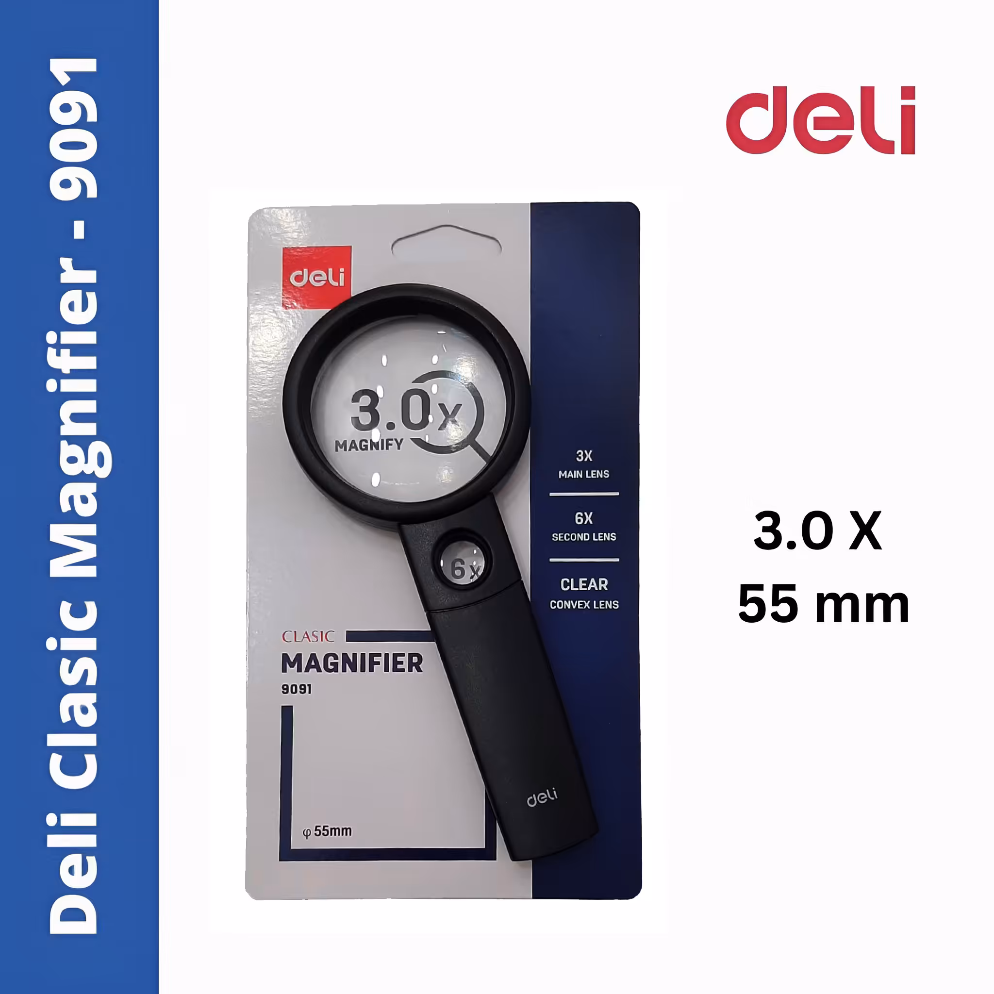 ذره بین محدب دسته دار دو لنز 3X و 6X دلی 55 میل