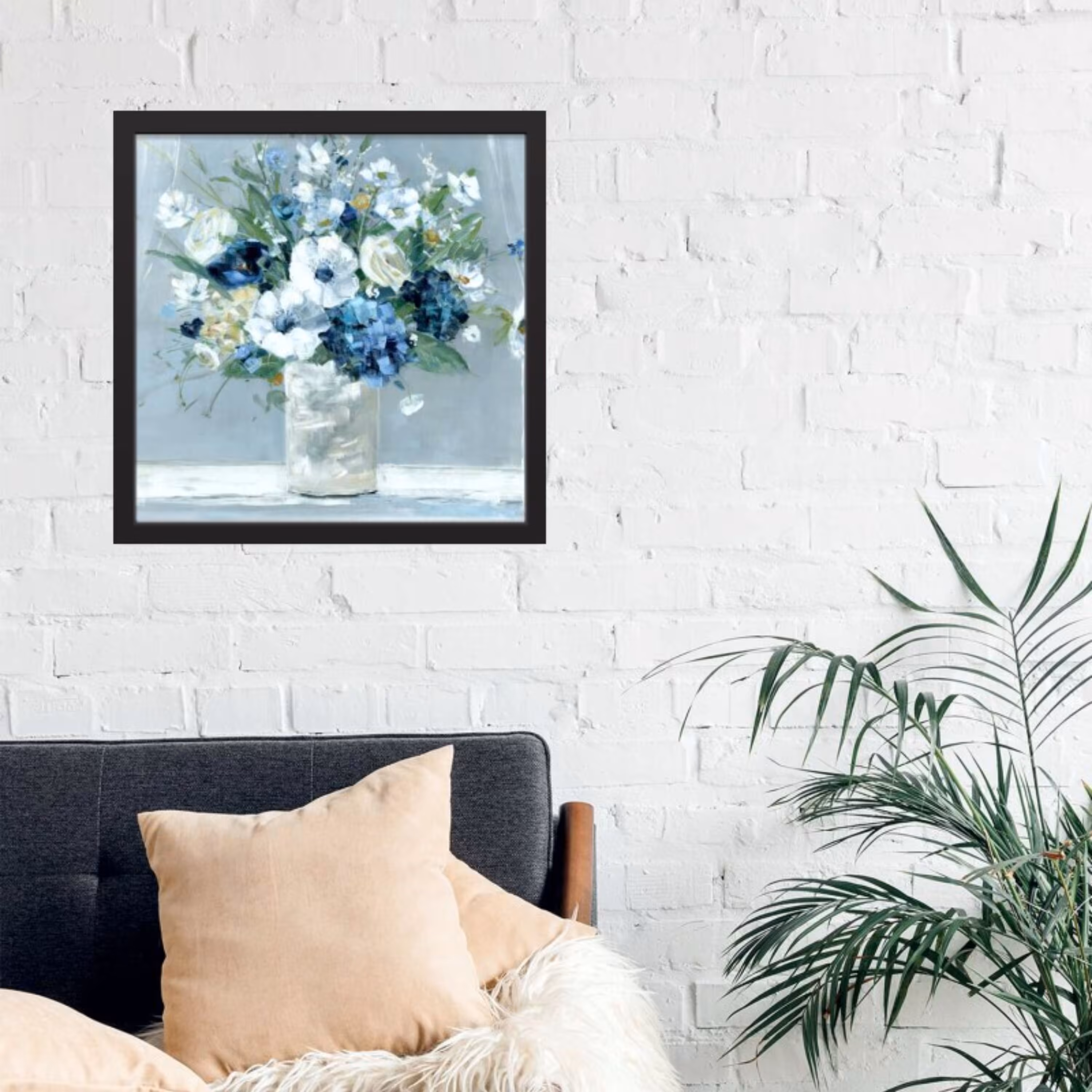 تابلو دکوراتیو طرح نقاشی رنگ و روغن گلدان گل آبی