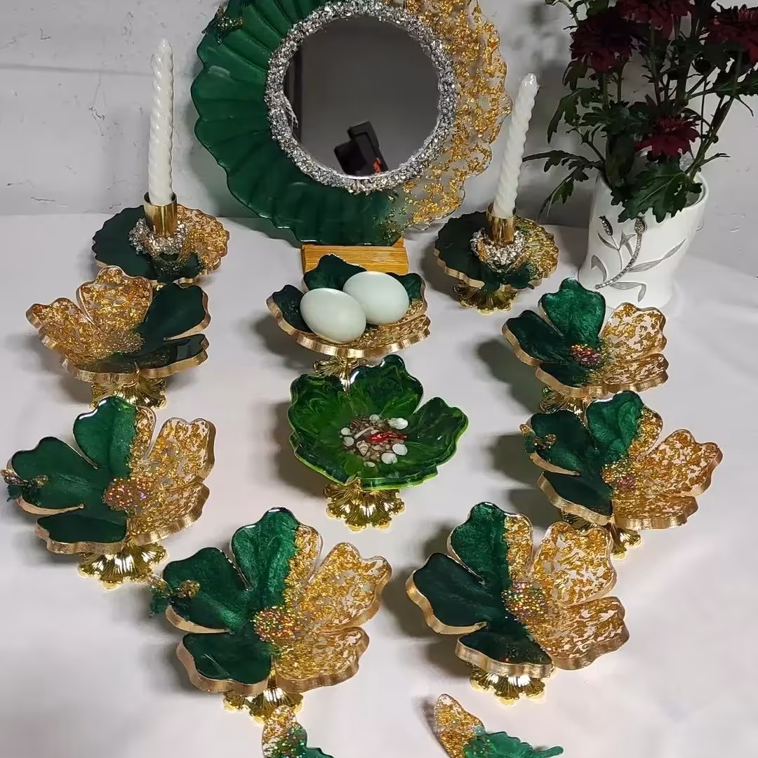 هفت سین رزینی قطر 12 همراه با جا تخم مرغی وحوضچه ماهی آینه قطر 30