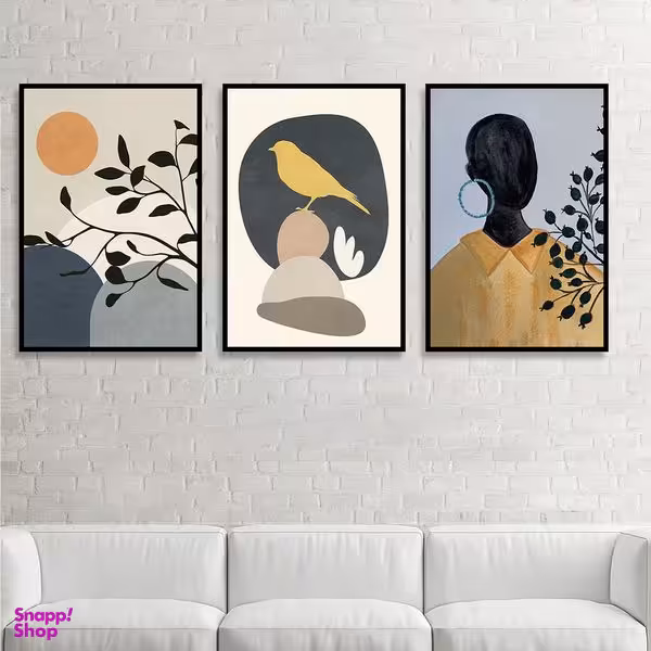 تابلو بکلیت طرح نقاشی مدرن چهره و پرنده مدل B-1718 مجموعه 3 عددی