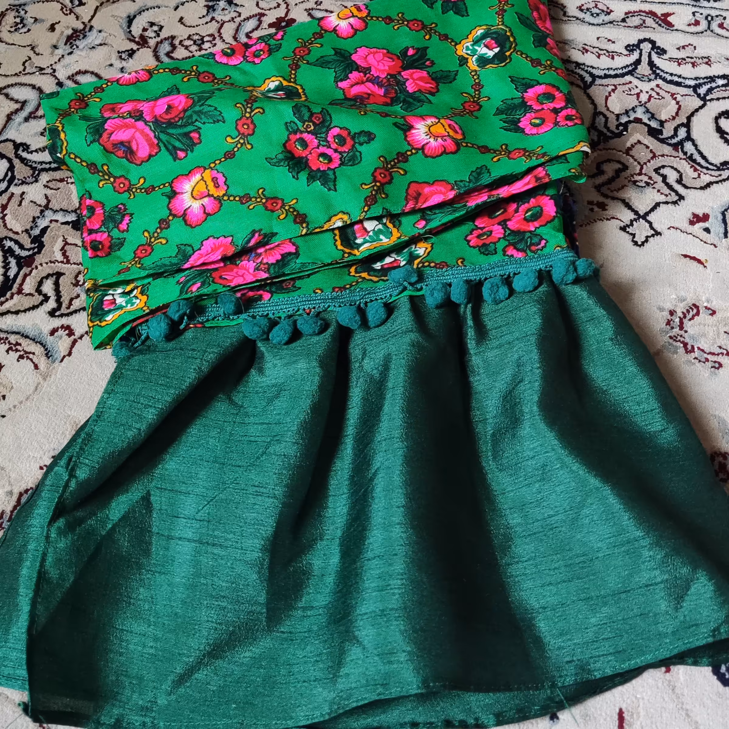 شال موهر پاکستانی گل اناری سبز  روشن حاشیه تافته