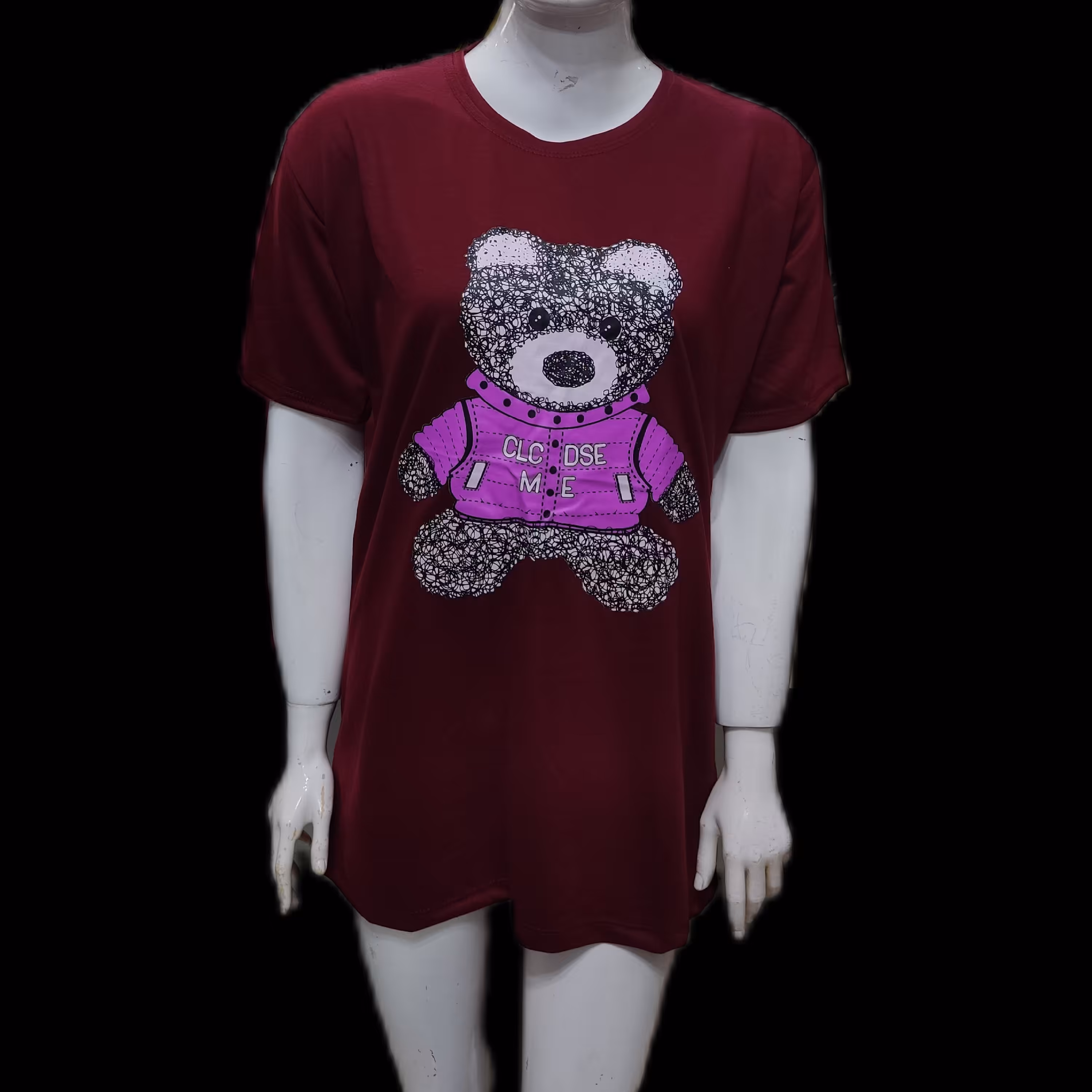 تیشرت زنانه و دخترانه لش تدی طرح خرسی رنگ زرشکی جنس ویسکوز