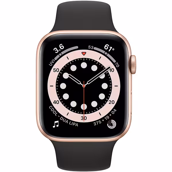 سری 6 آلومینیوم 40 میلیمتری زنانه قاب طلایی با بند اسپرت مشکی - Hiapple.ir