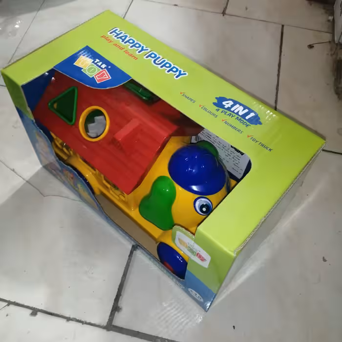 لوازم سیسمونی و اسباب بازی بازی فکری پازل سگ خوشحال 4کاره و  رنگبندی زرد مناسب 18ماه به بالا و مناسب کادو و هدیه دادن