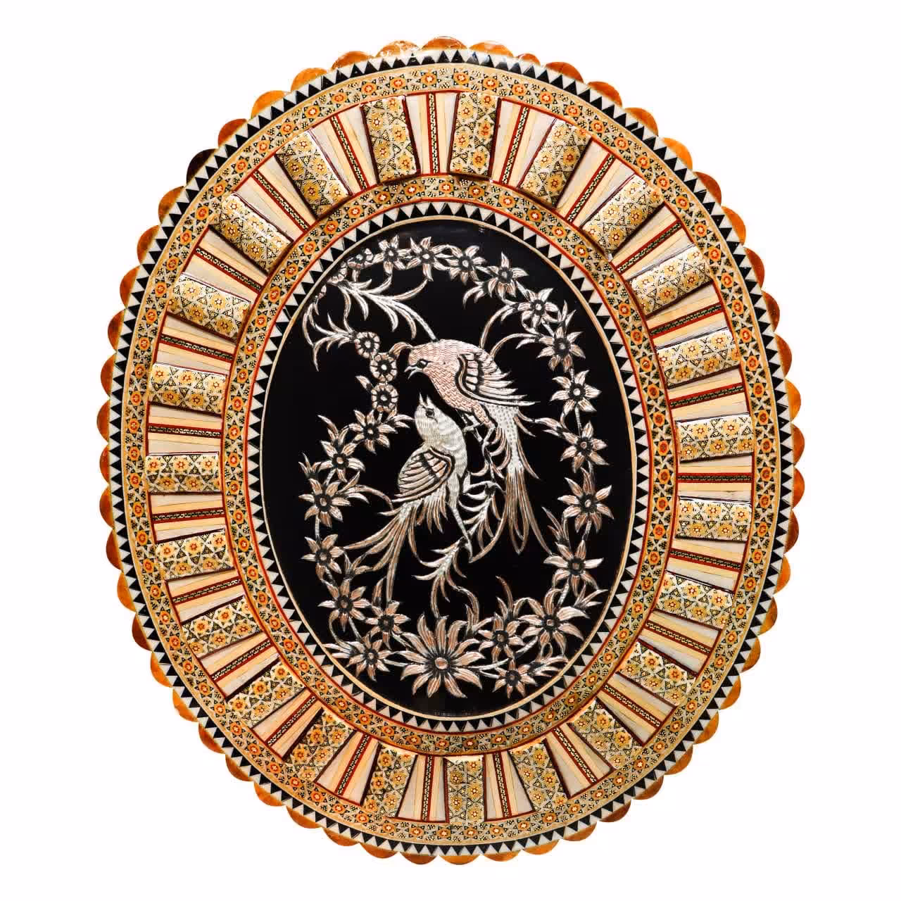 تابلو بیضی لبه دالبری خاتم کاری  همراه با پلاک قلمزنی طرح گل و مرغ(گارانتی 120 ماهه)