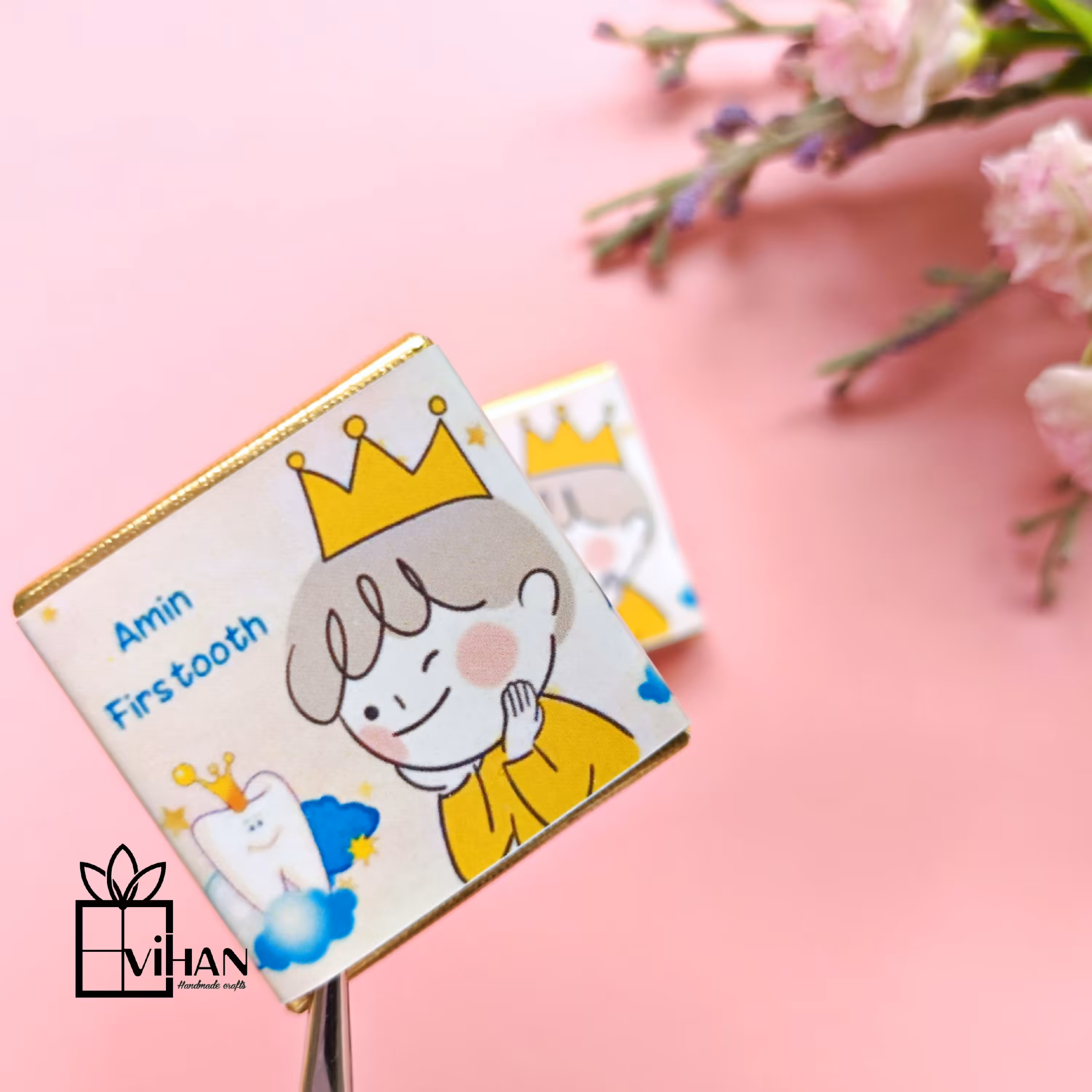 شکلات جشن دندونی سفارشی اختصاصی سازی شده با چاپ اسم طرح پسرانه بسته 18 تایی