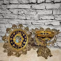 کاسه بشقاب سرمه ایی گل رز پایه توری برنزی کیفیت درجه یک 