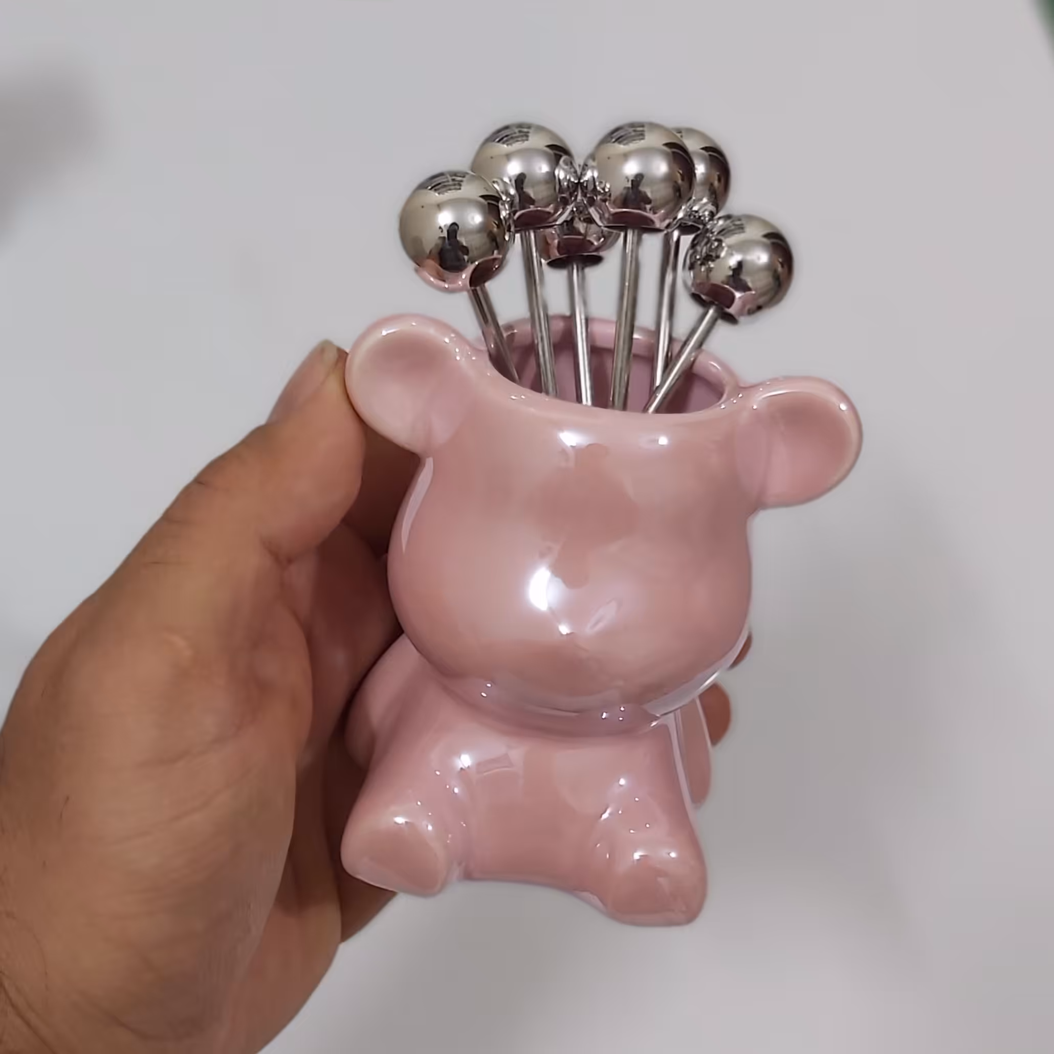 چنگال زیتون خوری رنگی6تایی طرح خرس(چنگال زیتون ) محفظه سرامیکی