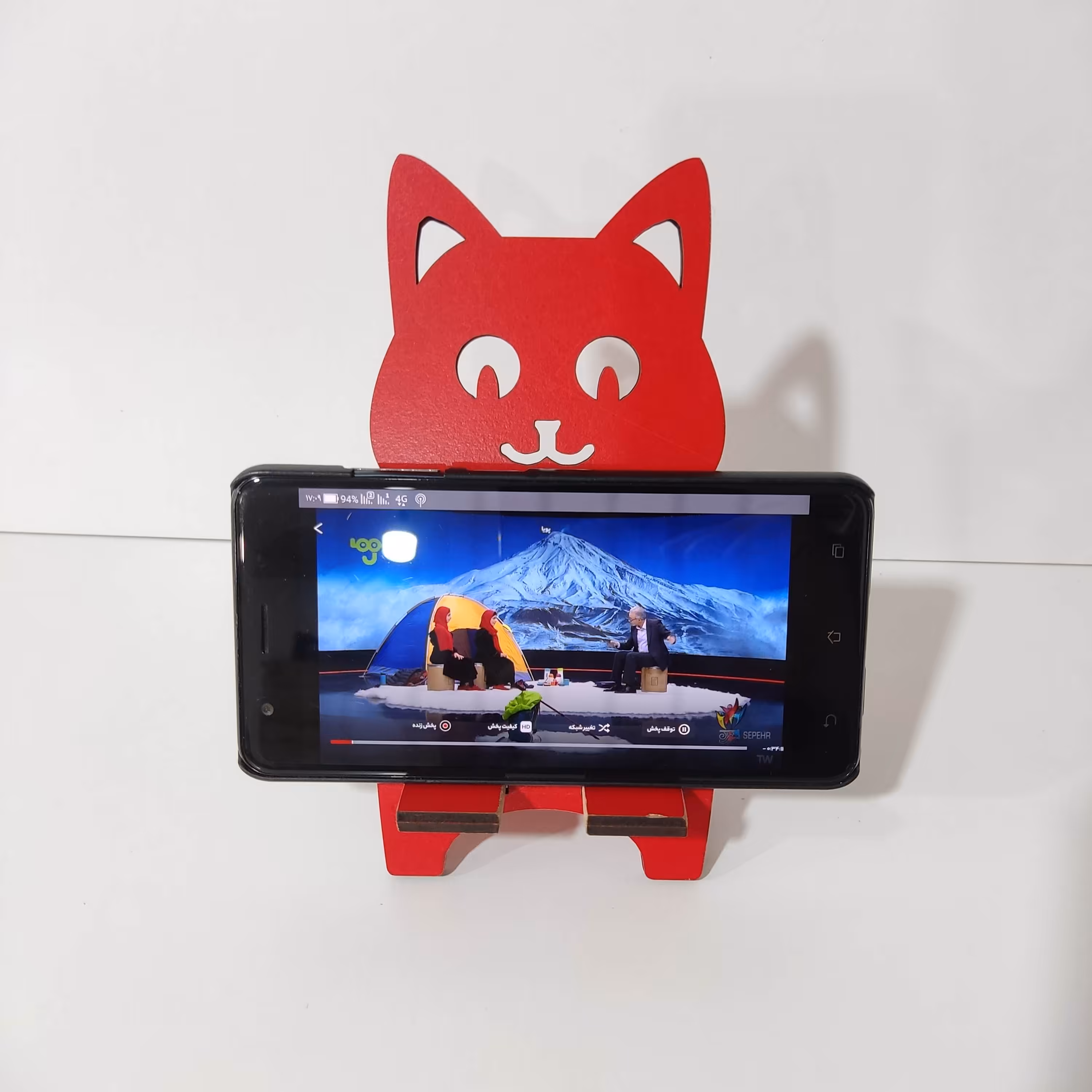 پایه چوبی نگهدارنده گوشی موبایل طرح گربه به رنگ قرمز (سرخ) -  کدe-3