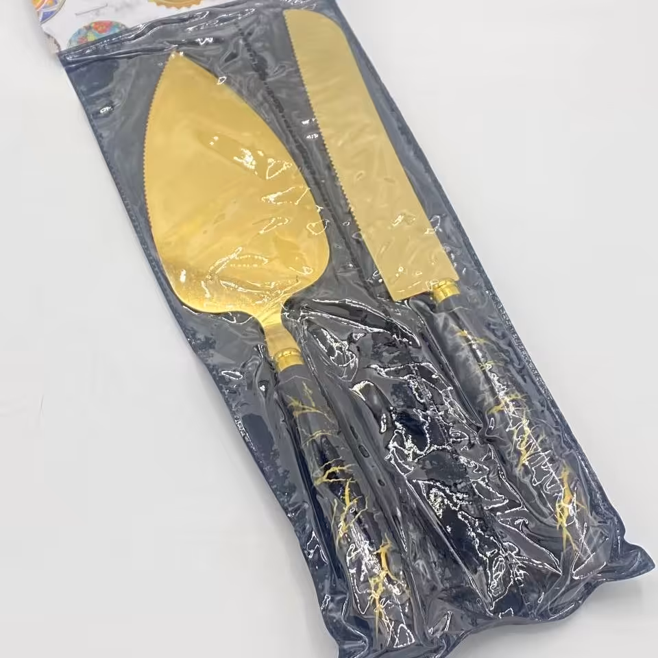 چاقو و پالت کیک طلایی ماربل طرح دار  کیفیت عالی