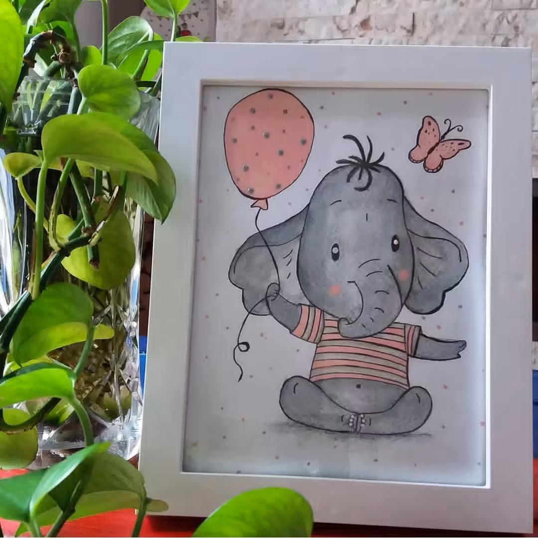 تابلو  فیل بادکنکی دارای قاب و شیشه کاردست رنگ شده با رنگ آبرنگ