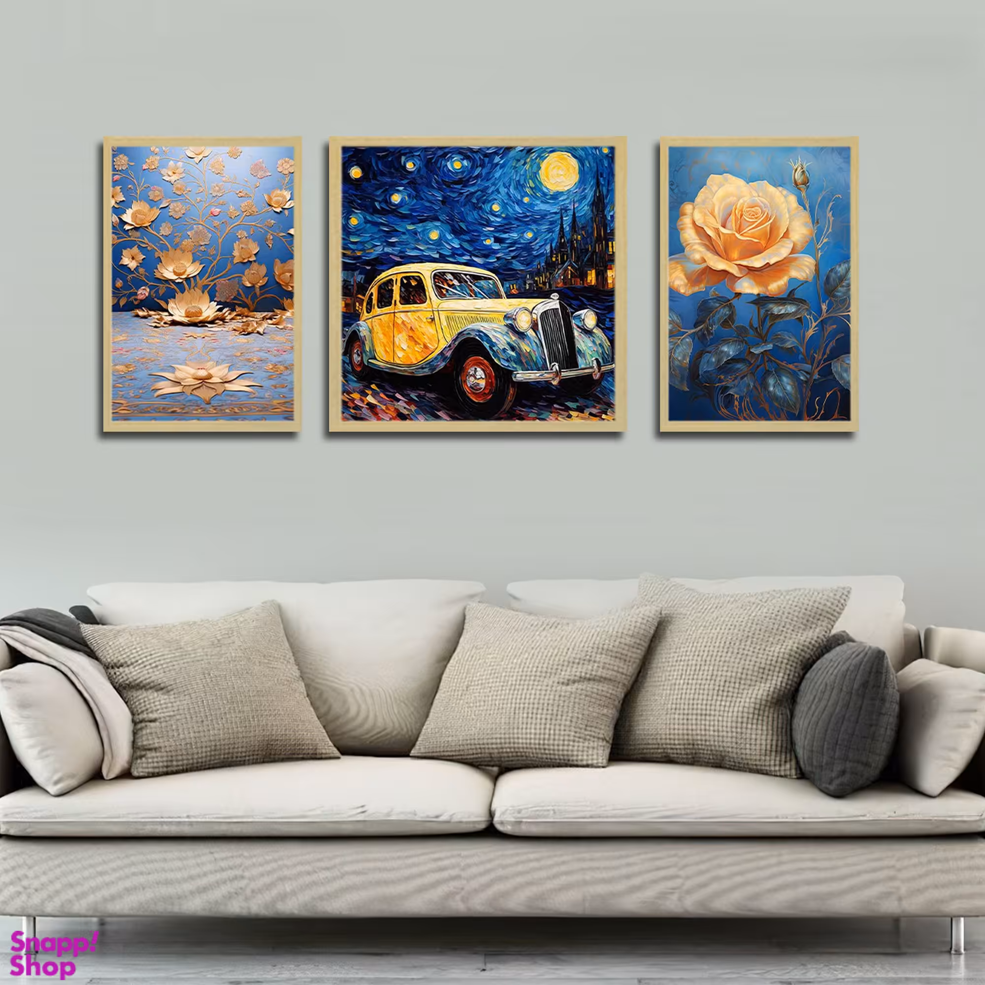 تابلو بکلیت طرح نقاشی مدرن گل و ماشین مدل BE-1757 مجموعه 3 عددی