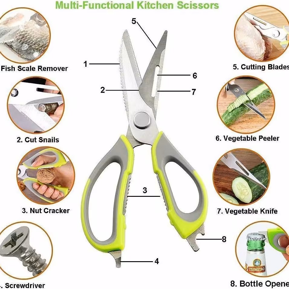 قیچی 10 ده  کاره آشپز خانه با تیغه های فولادی و محکم دارای غلاف مگنتی 
