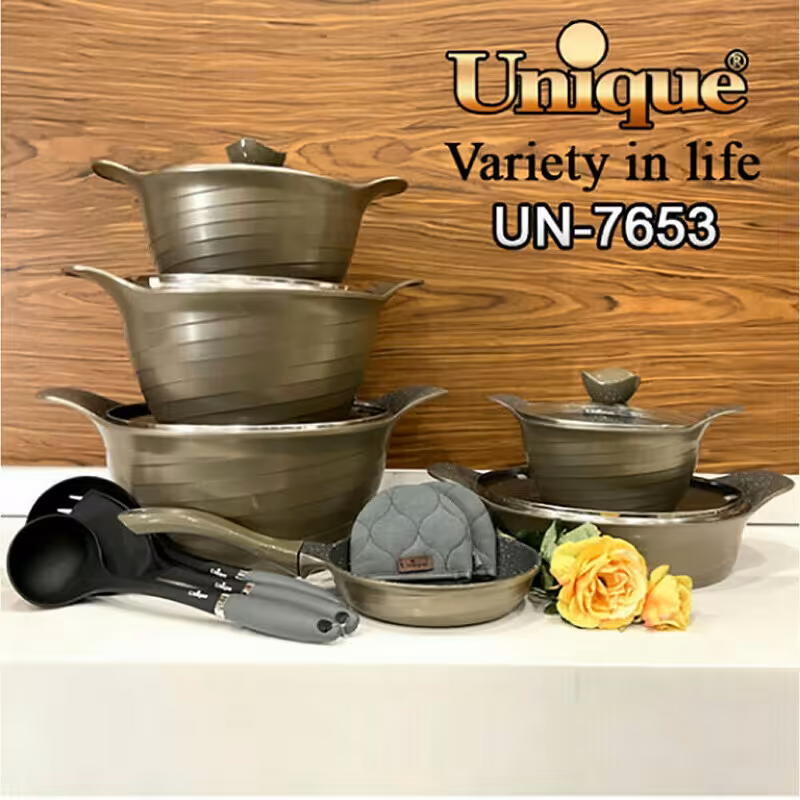 سرویس قابلمه 14 پارچه زیتونی مدل رُز ( یونیک ) کد7653