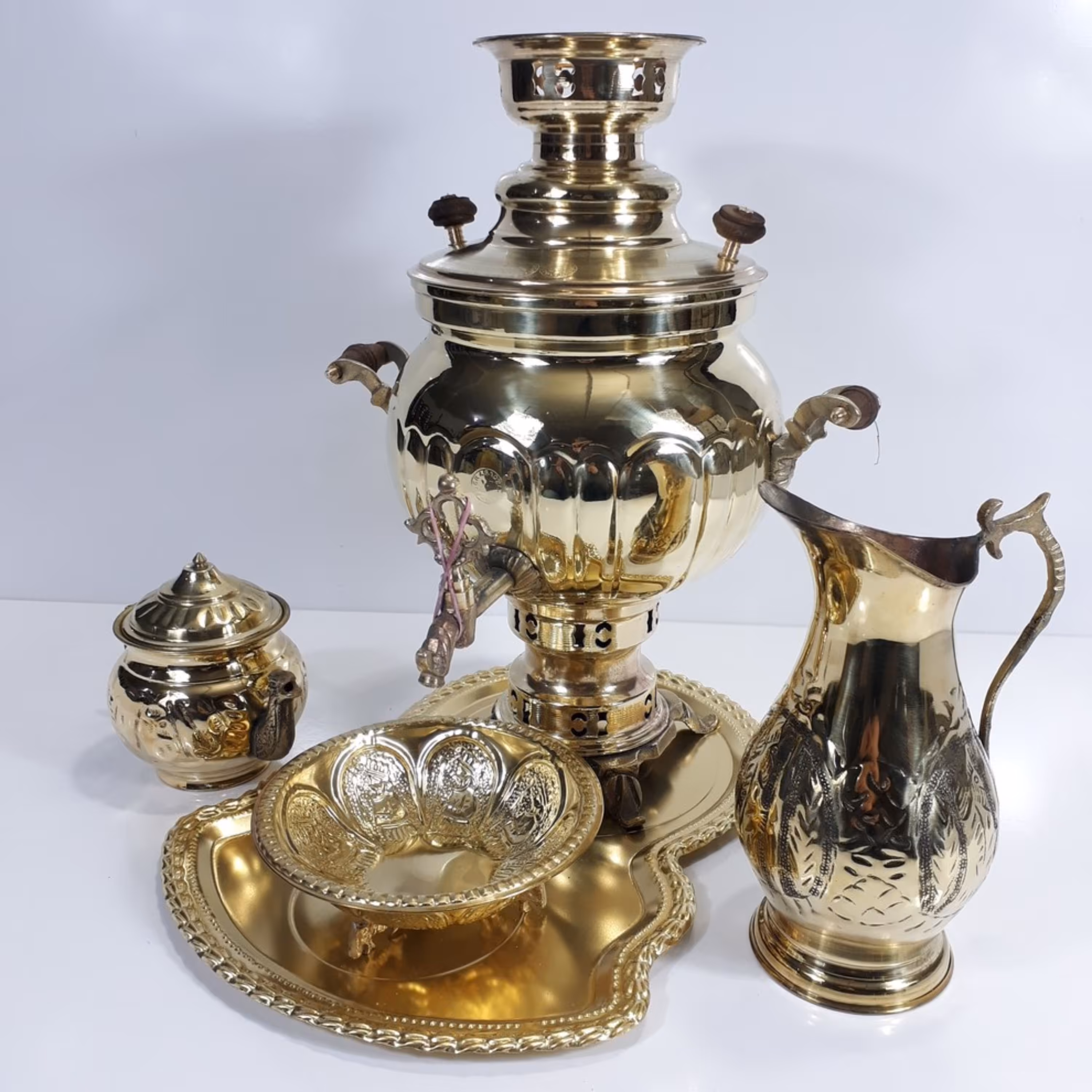 سماور برنجی  6 لیتر طرح قلم زغالی همراه با پاسماوری