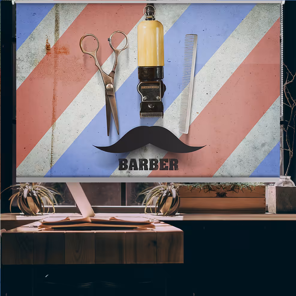 پرده شید طرح لوازم ارایشگری برای آرایشگاه مردانه  BAs-6706