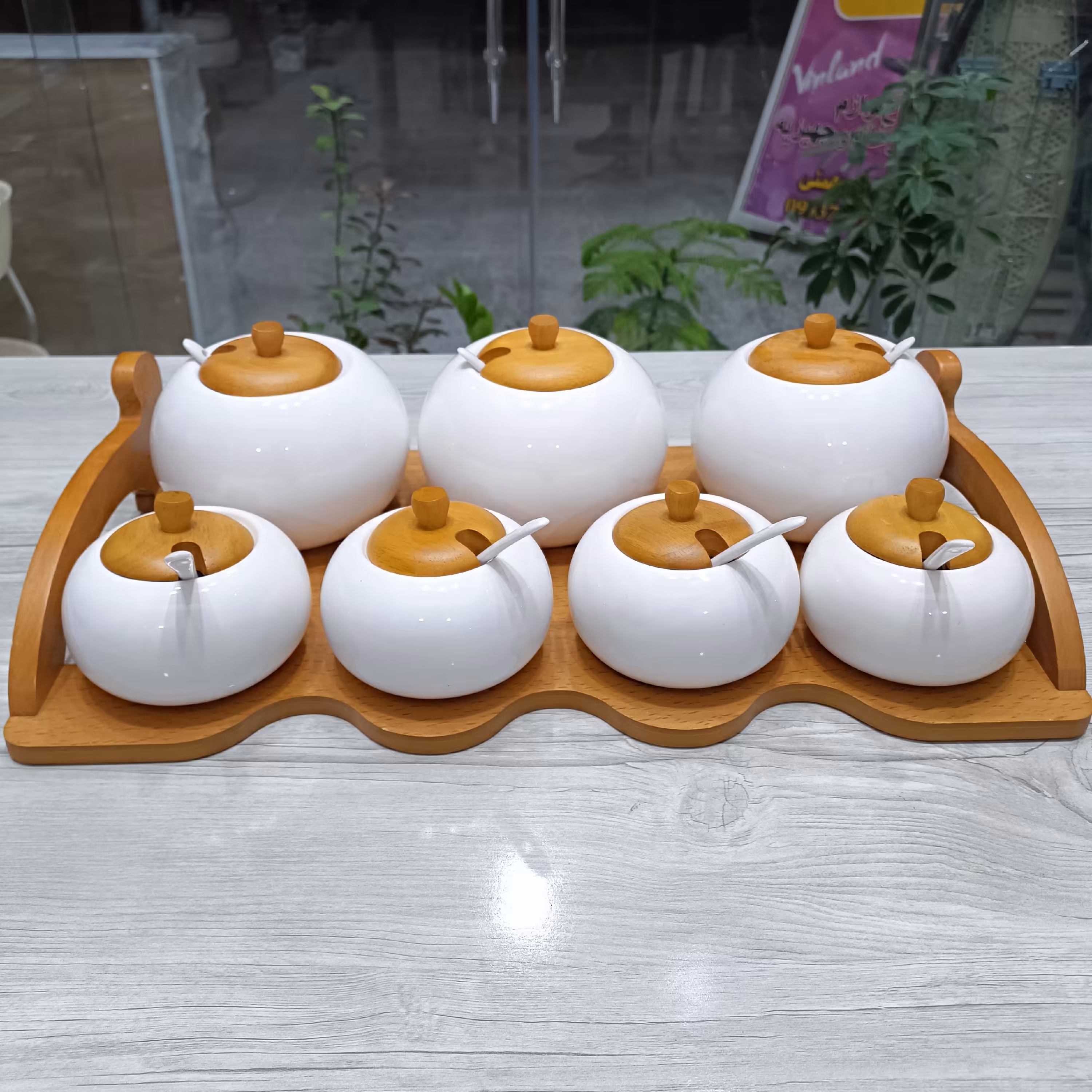 سرویس جا ادویه و پا سماوری 9 پارچه سرامیکی استند چوبی