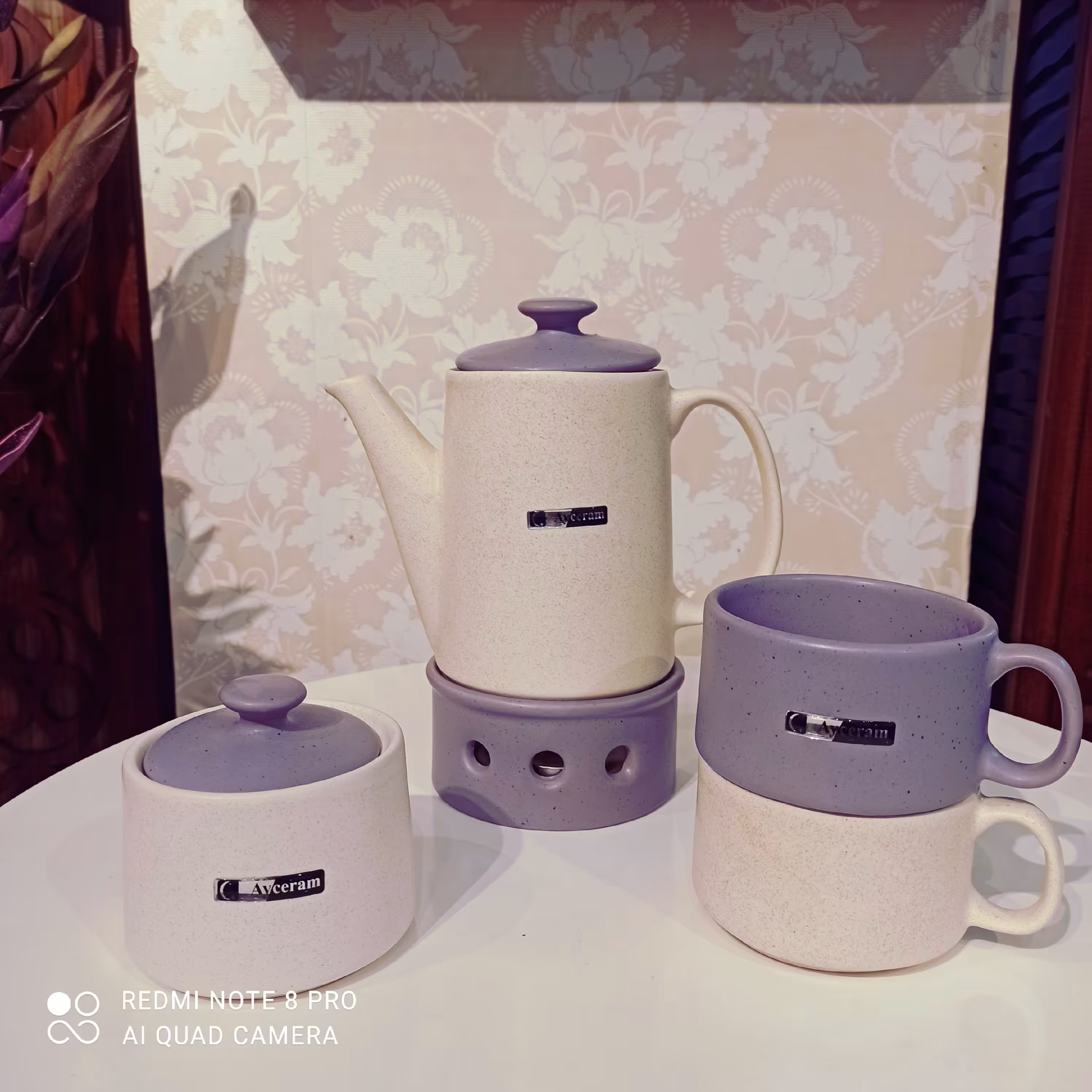 ست دمنوش؛پنج تیکه؛موجوددرسه رنگ یاسی؛زرد؛صورتی؛جنس سرامیک