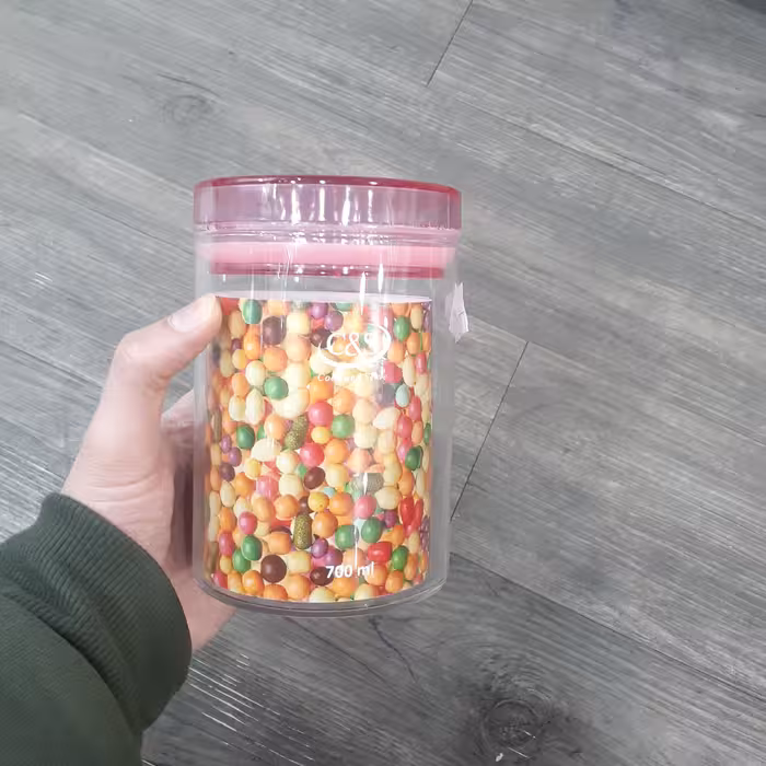 بانکه حبوبات شیشه ای با درب اکرولیک محکم و کیپ برند سی اند اس گنجایش 700 میل 