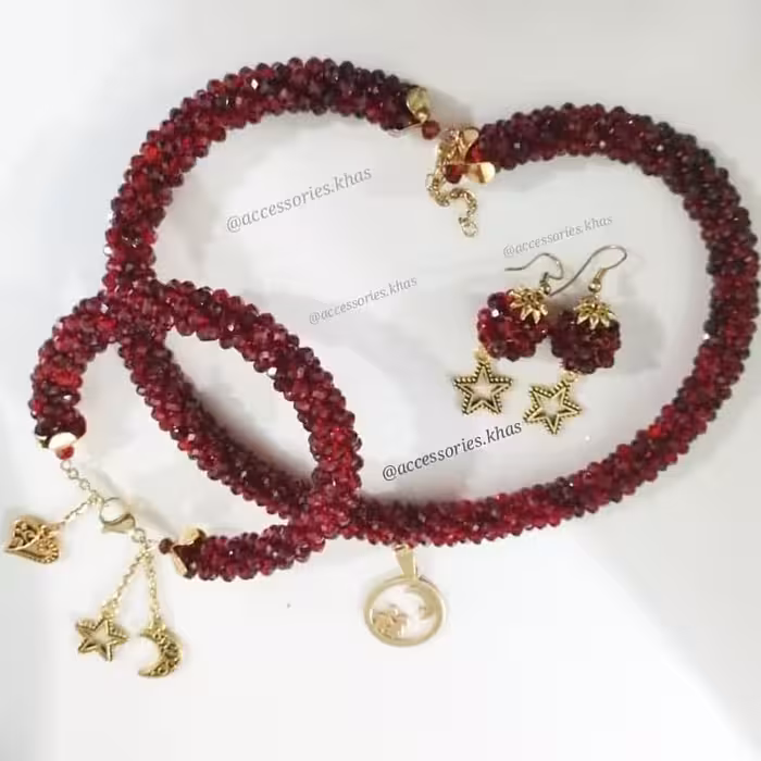 بدلیجات ست کامل بافت اسپیرال جنس کریستال یاقوتی دست‌ساز