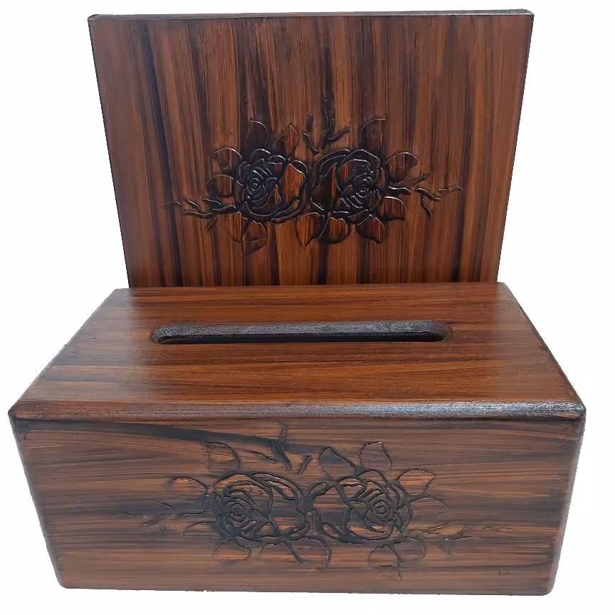 ست جادستمالی و سطل زباله قهوه ای طرح منبت گل سرخ