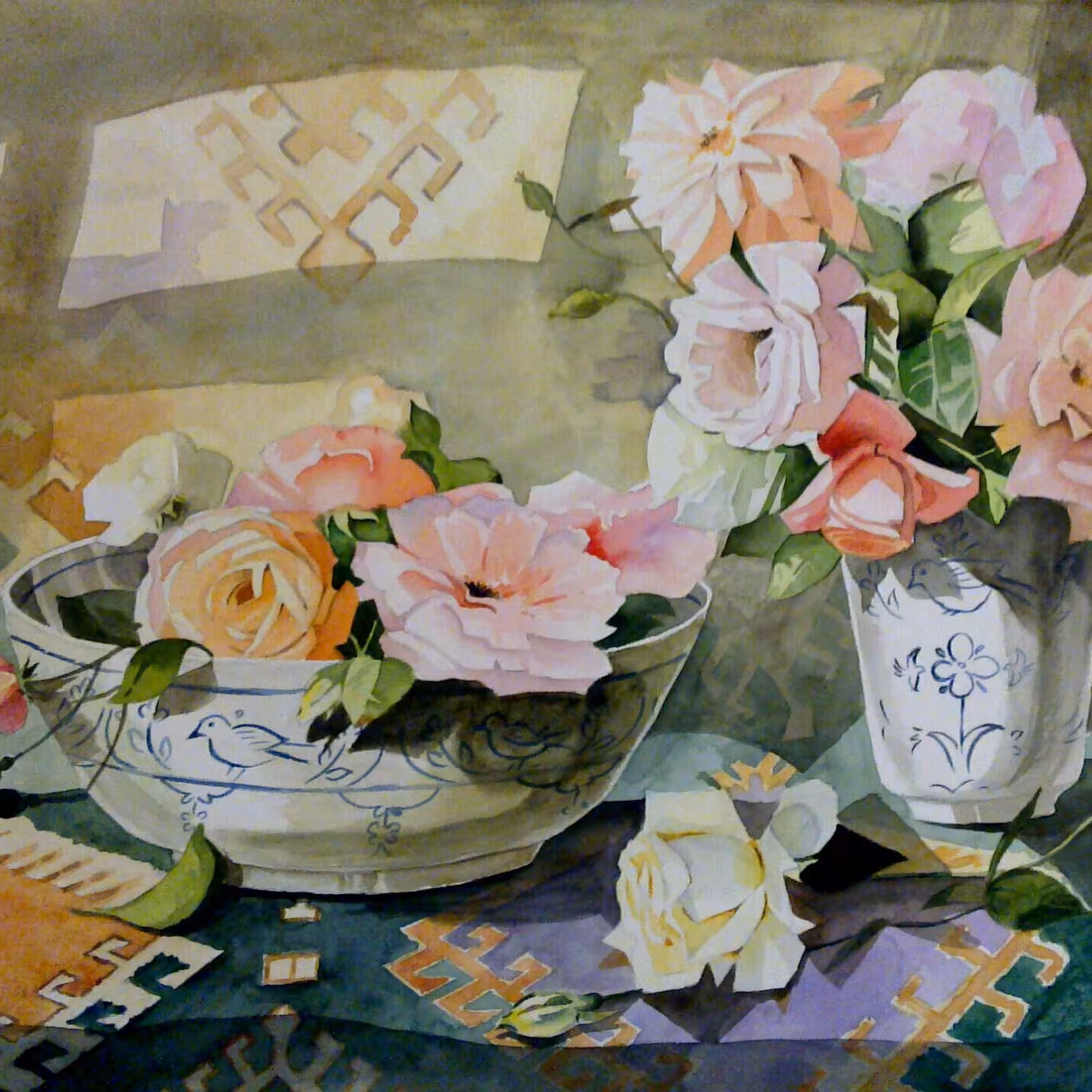 نقاشی آبرنگ طاقچه گل