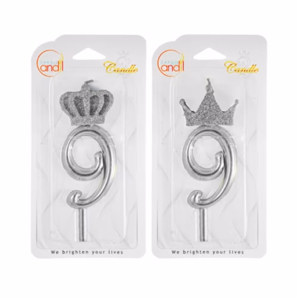 شمع اکلیلایز  نقره ای عدد نه (9)(شمع تولد.شمع رو کیکی .شمع جذاب. شمع جدید)