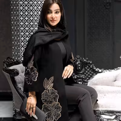 مانتو مجلسی کرپ اسکودا جت بلک مشکی مدل آناهید مزوندوز