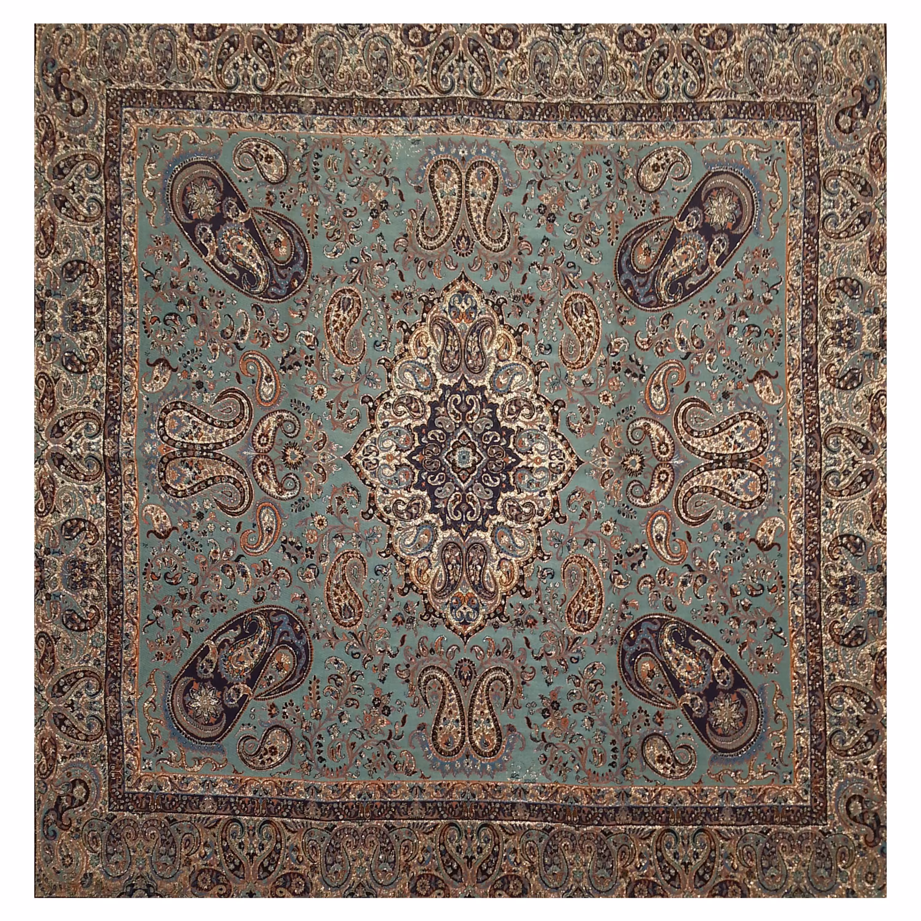 رومیزی ترمه مربع ابریشم  کد TRM56  رنگ سبزآبی  آستر آبی