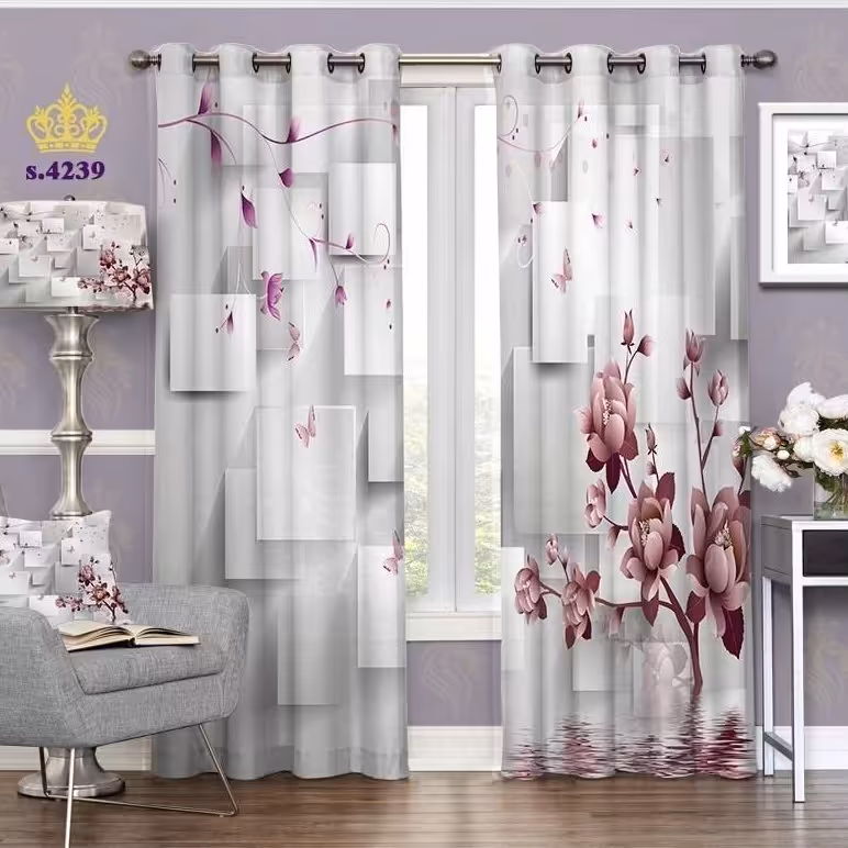 پرده پذیرایی دو قواره پانچ گلدار طرح شکوفه بهاری کد S4239