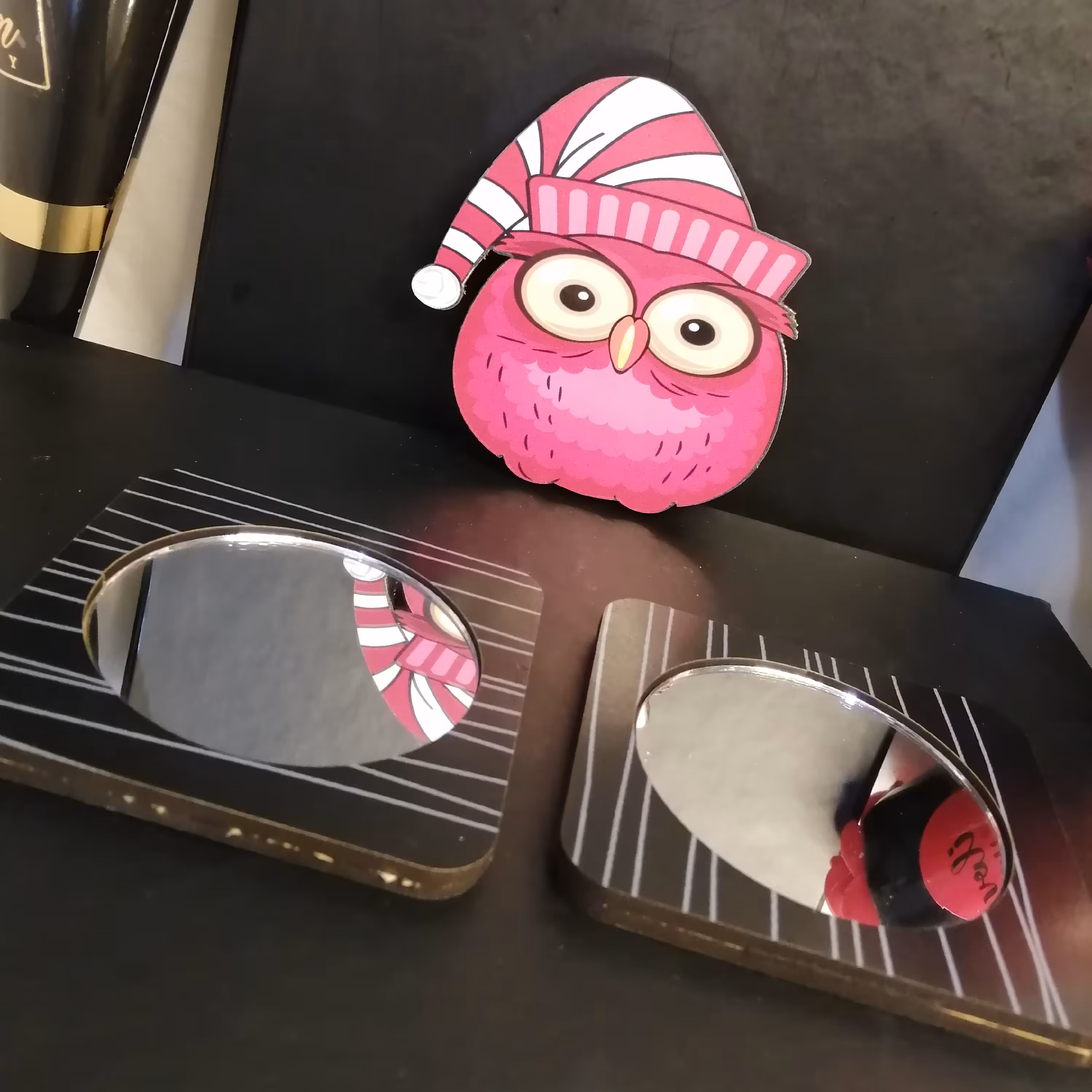 آینه کیفی چوبی طرح جغد