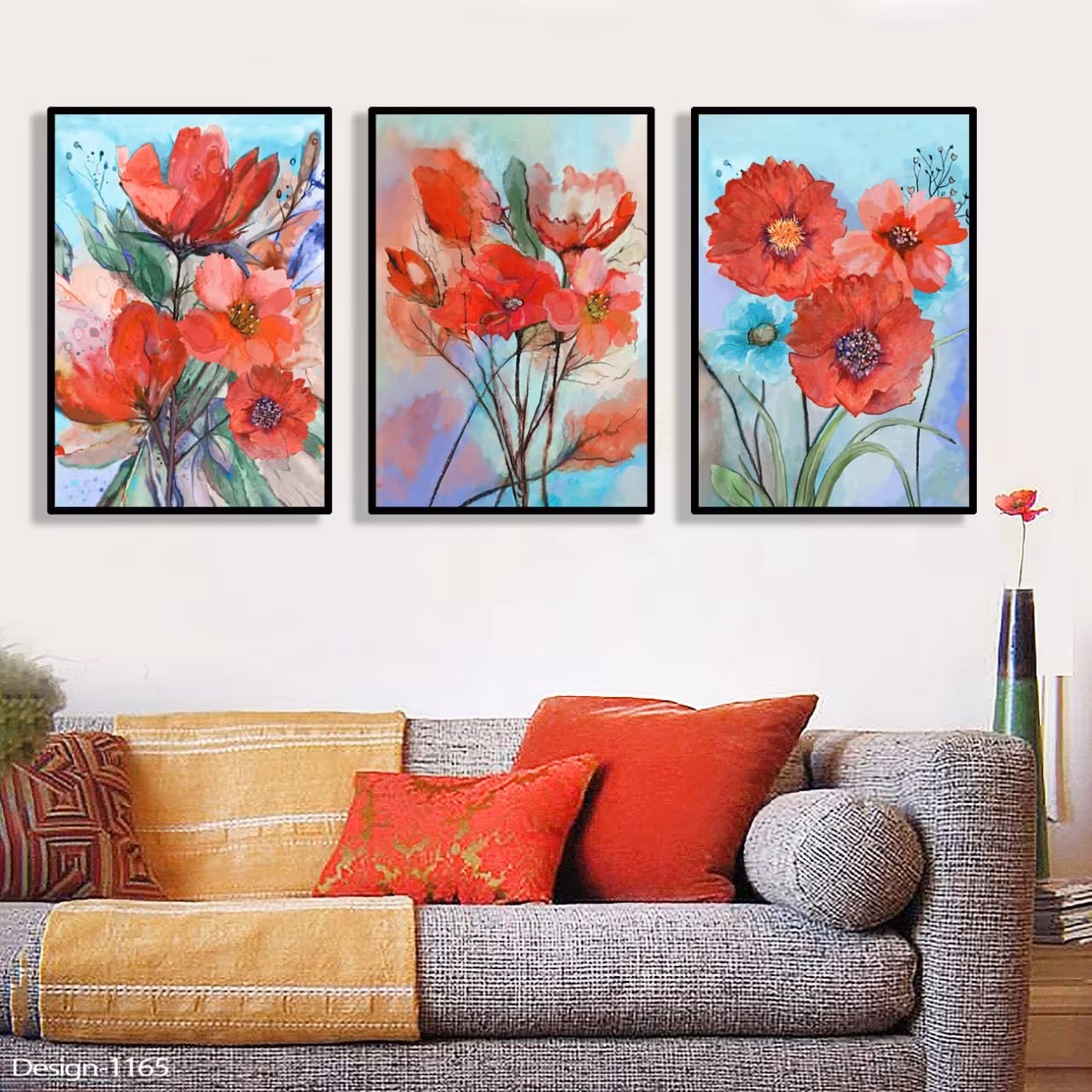 تابلو دکوراتیو گل های آبرنگی قرمز  3تیکه سایز 35در50