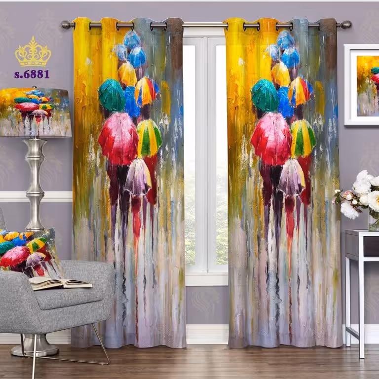 پرده پذیرایی دو قواره پانچ فانتزی طرح نقاشی آبرنگی کد S6881