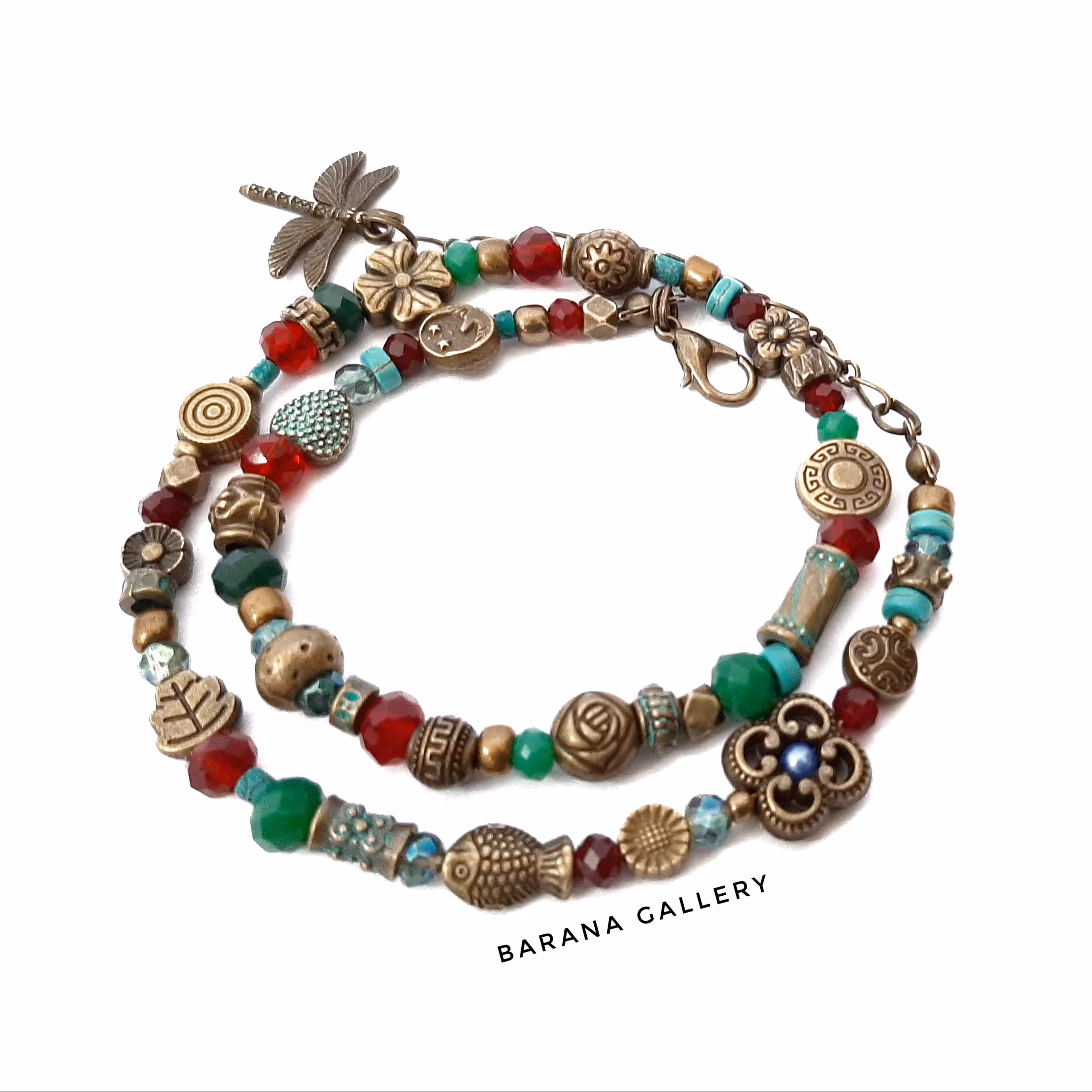 دستبند سنتی دو دور سبز و قرمز