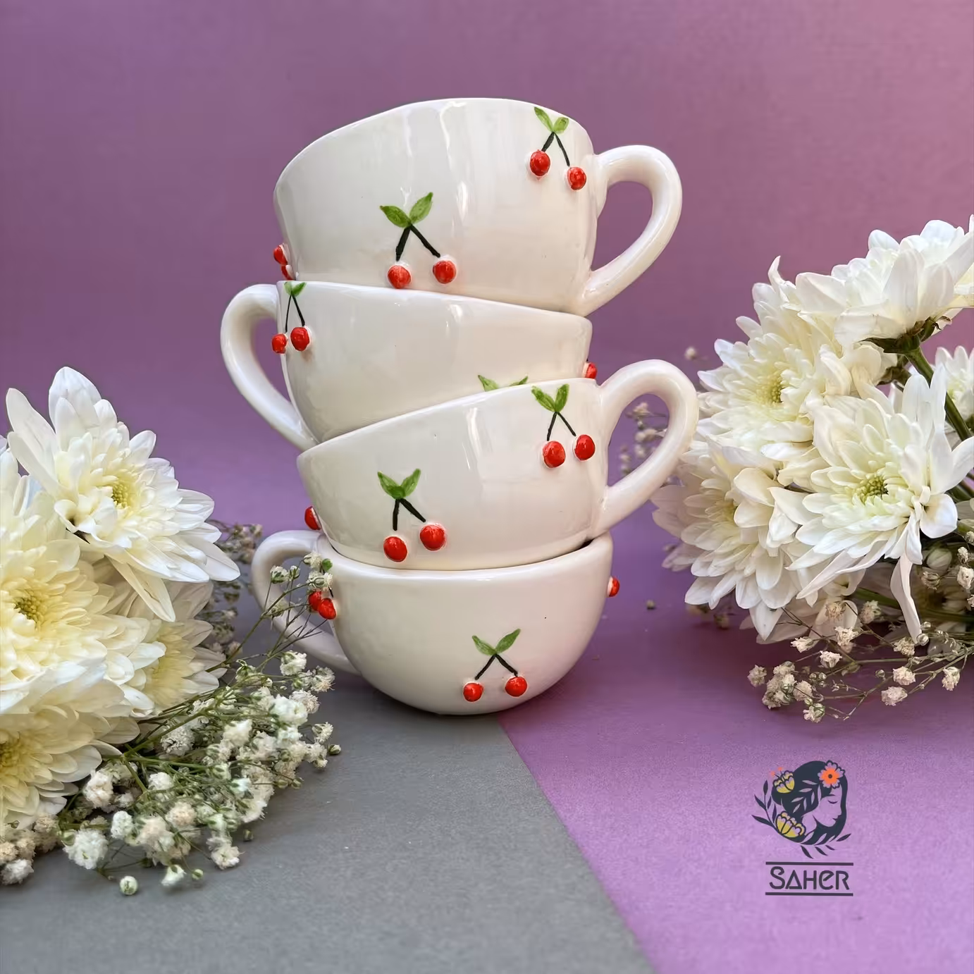 فنجون قهوه خوری آلبالویی سرامیکی