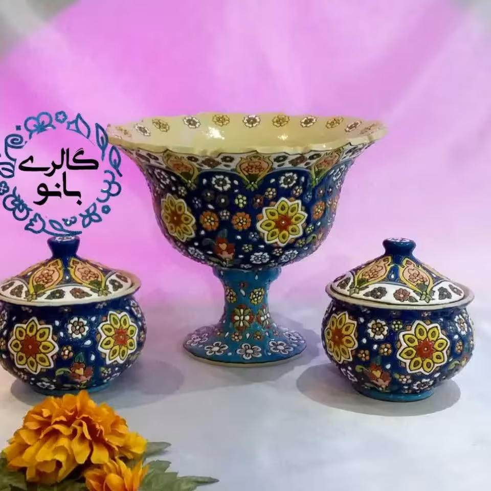 ست میوه خوری و قندان میناکاری