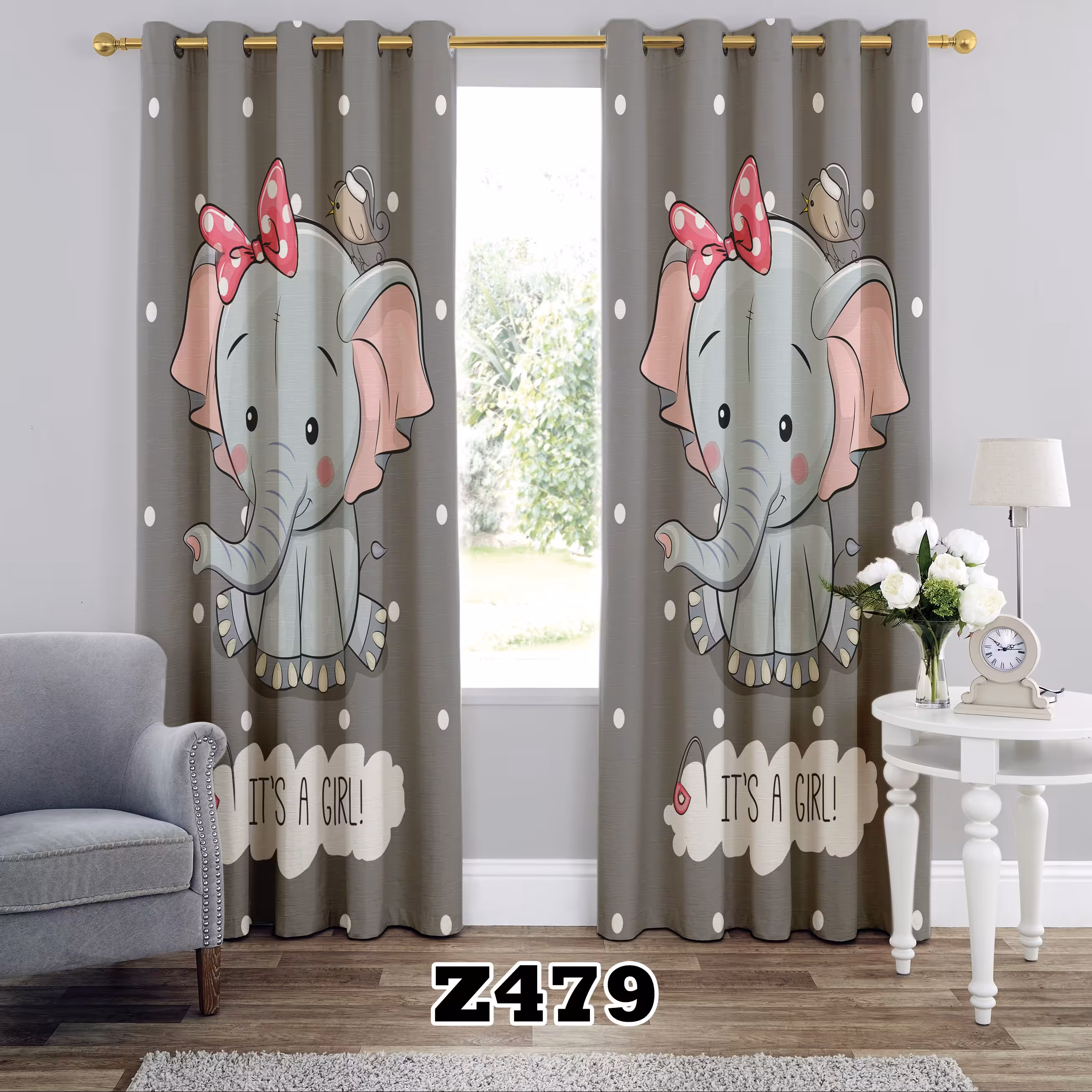 پرده اتاق خواب چاپی طرح فیل کد Z479 تک قواره ارتفاع 300 عرض 140 سانت