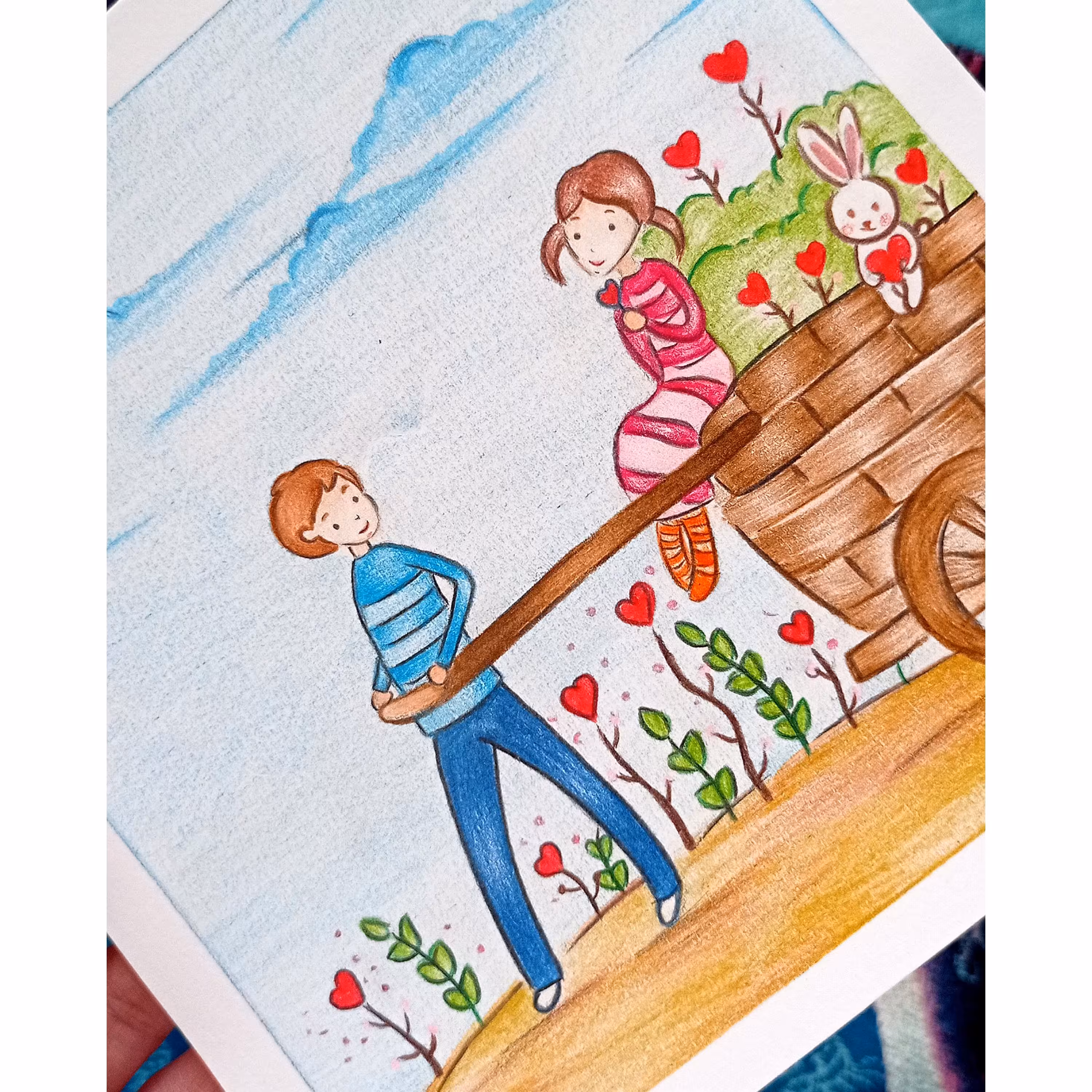 نقاشی فانتزی عاشقانه،همراه با قاب،مناسب اتاق خواب،کار با مدادرنگی،این فرصت رو از دست ندین😍😍