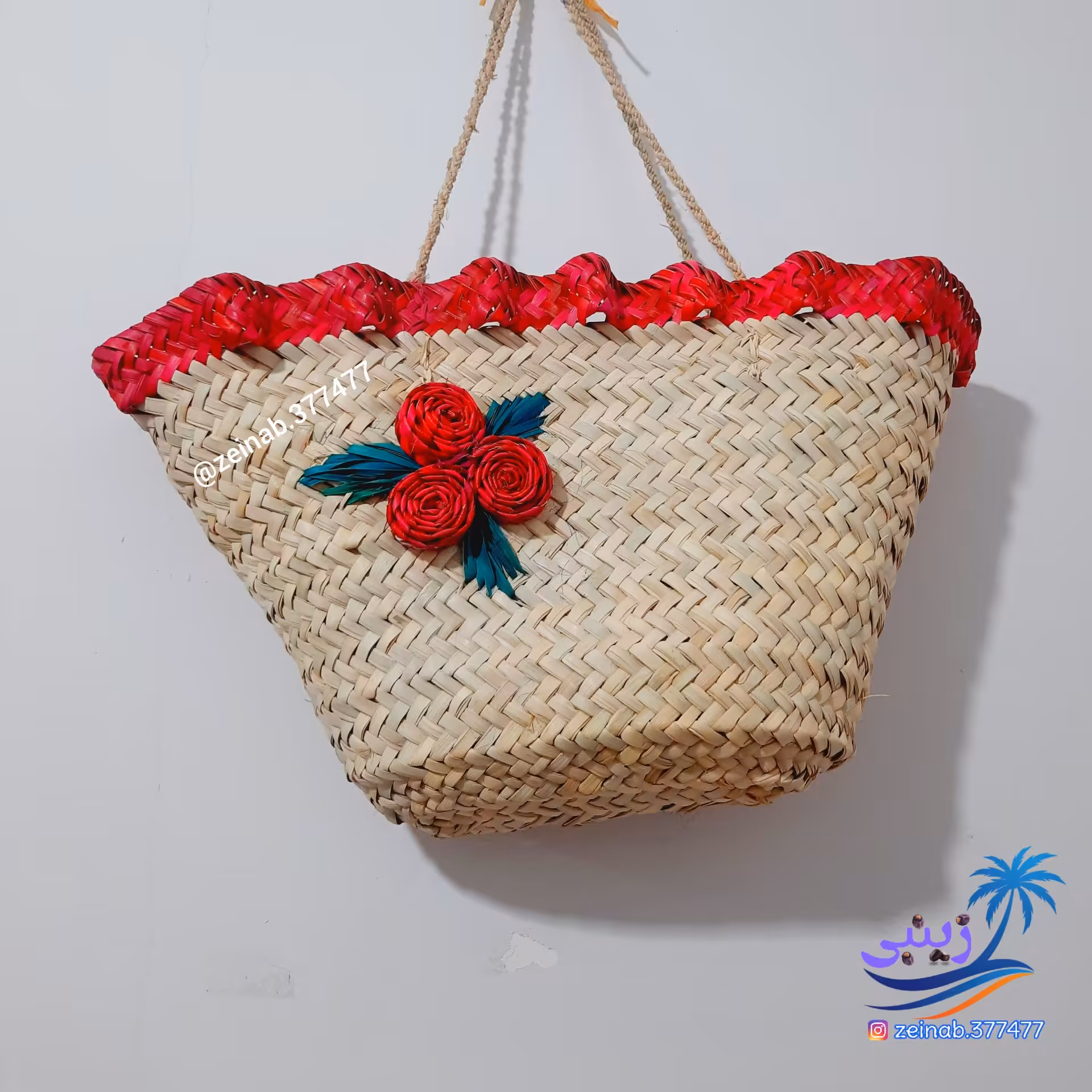 سبدحصیری زنبیل حصیری قرمز گلدار