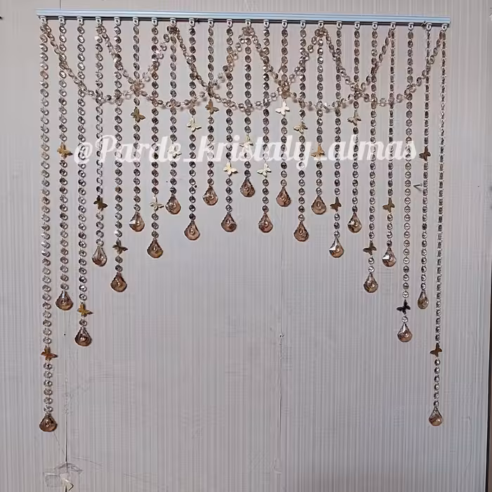 پرده کریستالی رنگ شامپاین آویز برگی مدل هلال دوبل (پس کرایه)