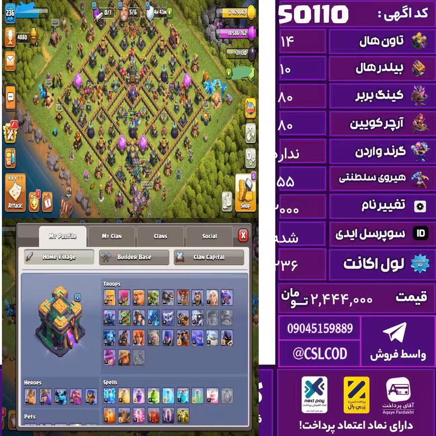 اکانت کلش لول 236 تاون 14 لول 80 کویین 80 واردن  رویال چمپیون 55 شاهزاده مینیون 30 تغییرنام 2000 کد 50110