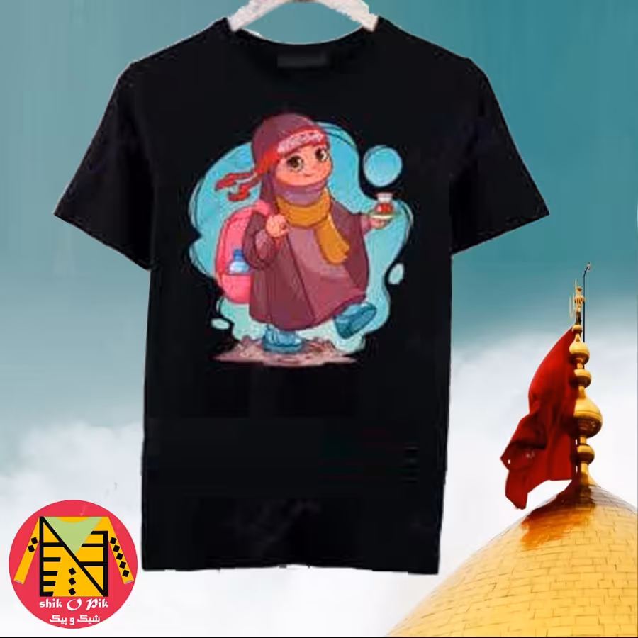 تیشرت مشکی نخ پنبه دخترانه طرح دختر کوله پشتی دار (ارسال فقط 24 تومان)
